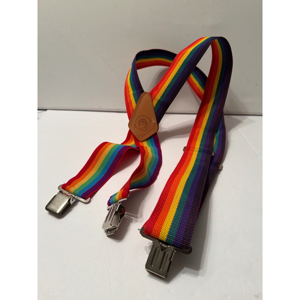 Rooster Rainbow Striped Suspenders X-Back Clip-On Elastic Adjustable Pride Multi